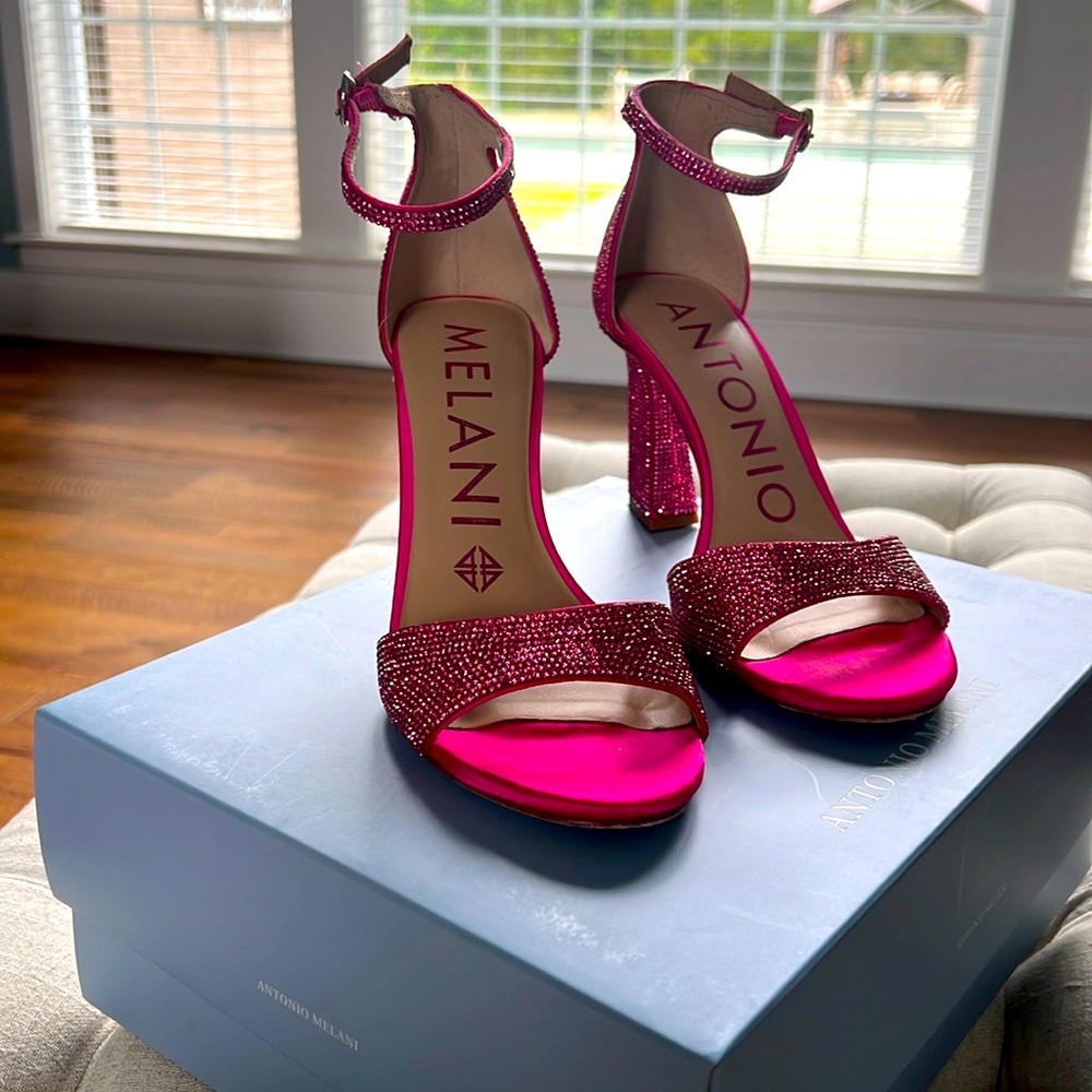 Antonio Melani Fuchsia Crystal Block Heel Sandals